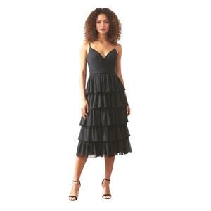 IEENA Mac Duggal Tiered Ruffle Midi Dress Women Size 0 Black Cocktail Party